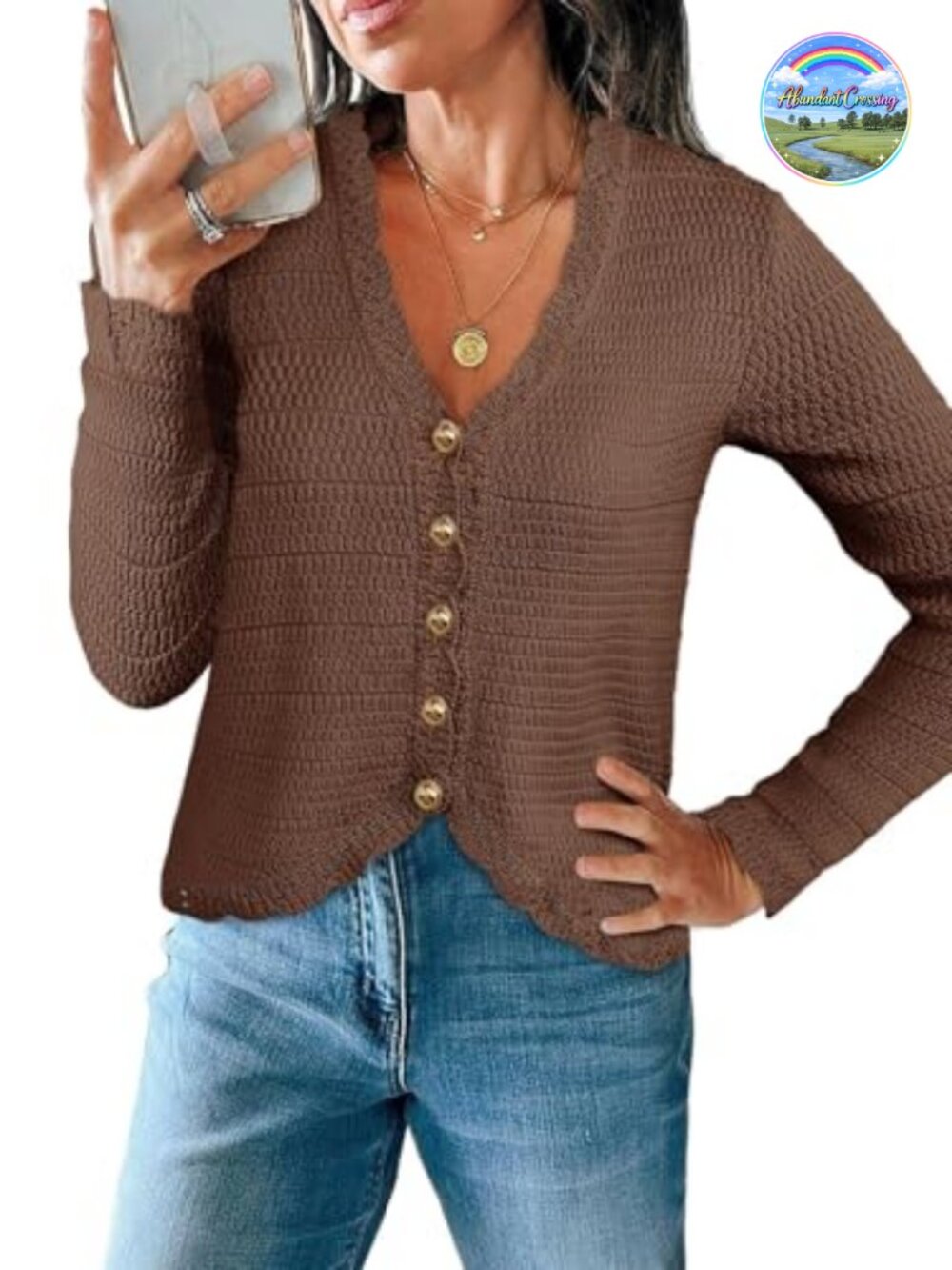 Womens V Neck Cardigan Cropped Knit Sweater Boho Button Down Long Sleeve Casual